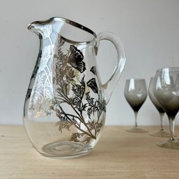 Gorgeous Vintage MCM Silver Overlay Pitcher With Smoky Wine Glasses (IS)