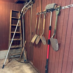 Pool Shed Tool Lot Including Ladder, Roof Rakes, And Shovels (Pool Shed)