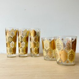 Vintage MCM Ned Harris Gold Embossed High Balls & Drinking Glasses, 5 Total (IS)