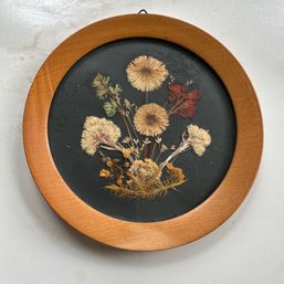 Vintage Pressed Flowers In Round Wood Frame  (Porch)