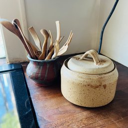 Pottery Dish With Lid And Vase With Wooden Utensils (Kitchen)