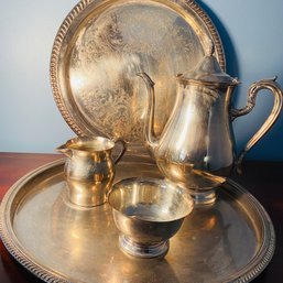 Silver Plated Trays, Coffee Pot, Sugar Bowl & Creamer - Reed & Barton, 5th Ave, Sheridan (liv Room)