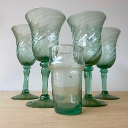 Vintage Blow Glass Green Glass Wine Goblets Plus Small Bonus Juice Glass (IS)