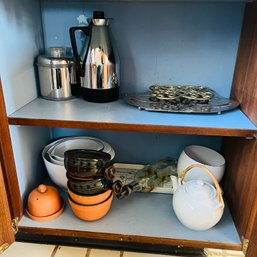 Cabinet Lot: Pottery, Garlic Storage, Teapots, Trivets, Etc. (Kitchen)
