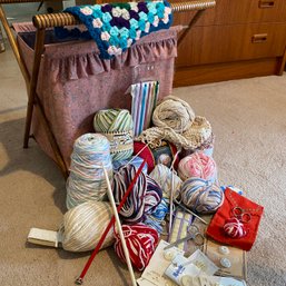 Vintage Lot Of Crochet Needles, Yarn, Buttons, Scissors & Folding Basket (B2)