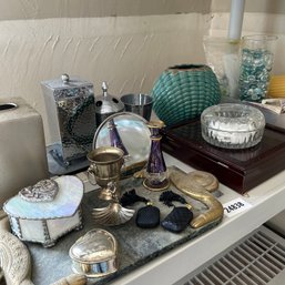 Shelf Lot Of Mixed Vintage And Contemporary Bathroom/home Pieces (Living Room)