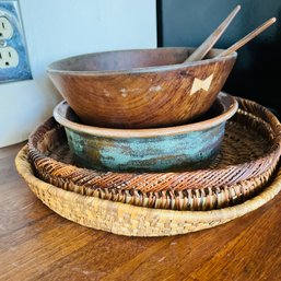 Wooden Bowl, Pottery Dishes And Basket Trays (Kitchen)