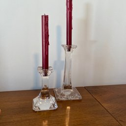 2 Heavy Glass Candlesticks With Candles (MB)