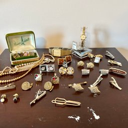 Large Lot Of Vintage Cuff Links, Tie Clips, Watches, Etc (MB)