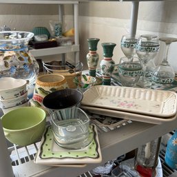 Shelf Lot Of Vintage Home Decor Pieces Including Pfaltzgraff Ceramic Platters, Ramekins, Candlesticks, Etc