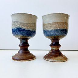 Gorgeous Pair Of Vintage Mid Century Stoneware Goblets, Art Pottery Goblets