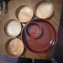 Lot Of 4 Hand-turned Wooden Bowls, Chips And Dip Serving Bowl (Up Dining)