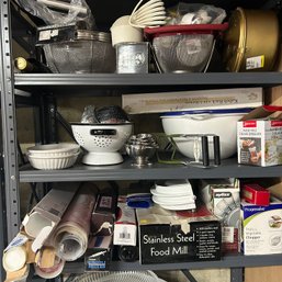 3 Shelves Of Kitchen Items: Bake Ware, Strainers, Tools, Etc (LEFT)