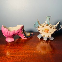 Two Cute Vintage Colorful Ceramic Small Knickknacks - Basket And Shoe (Living Room)