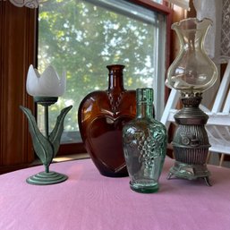 Vintage Bottles, Lantern, And Candle Holder (b1)