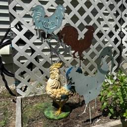 Four Outdoor Decorative Chickens - Three Metal & One Ceramic (Outside)