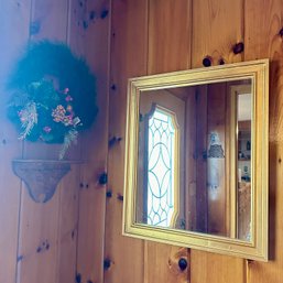 Square Gold-Toned Mirror, Wreath, & Key Hook Shelf (Entry)
