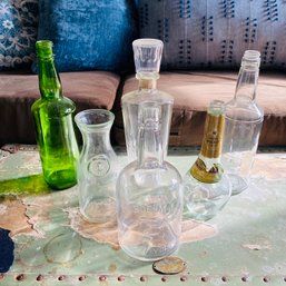 Assorted Vintage/Modern Clear And Colored Glass Decanters And Bottles (BT Upstairs)