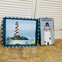 Lighthouse Themed Painted Wood Tray & Slate Wall Art (some Wear On Tray) (BSMT)