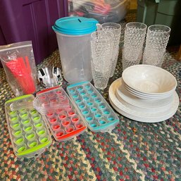 Assorted Plastic Cups, Melamine Dishes, Ice Cube Trays, Pitcher, And More!