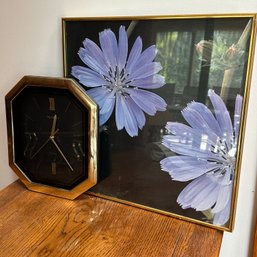 Vintage Gold Toned & Black Clock & Floral Art In Gold Toned Frame (LR)
