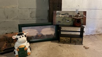Farmhouse Decor Lot: Cow Cookie Jar, Painted Shelf, Pig Art & More (MB1)(BSMT)