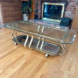 Vintage Glass Mirrored Gold Toned Coffee Table (LR)