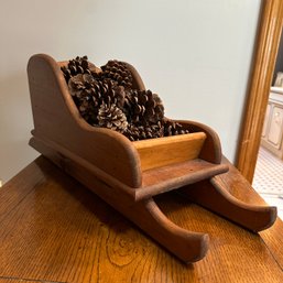 Small Decorative Wooden Sled With Pinecones (LR)