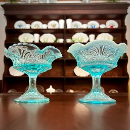 Pair Of Vintage FENTON Glass Aqua Blue Footed Candy Dishes (DR)