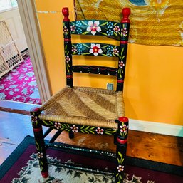 Colorful Mexican Hand Painted Chair With Rush Seat No. 1 (Den)