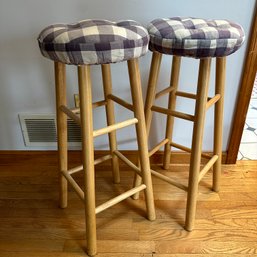 Pair Of 30' Wooden Bar Stools With Purple/White Seat Cushions (LR)