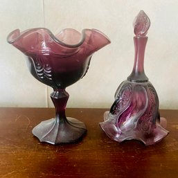 Pair Of Plum Colored Fenton Glass Pedestal Bowl & Bell (LR)