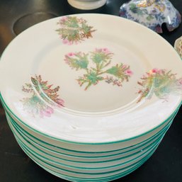 Set Of 9 Matching Floral And Green Rimmed Dishes (Living Room)