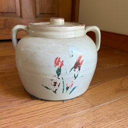 Vintage Possibly Antique Painted Stoneware Crock With Lid - See Notes (DR)