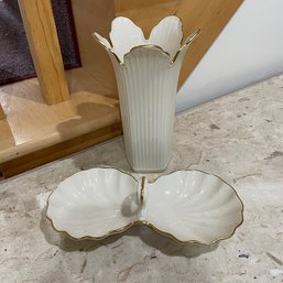 Two Pieces Of White And Gold Lenox, Meridian Vase & Double Shell Dish (Basement)
