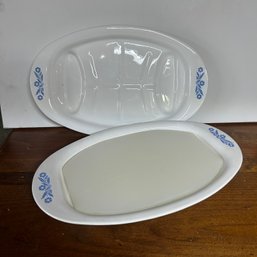 Set Of Two Vintage Corningware Cornflower Blue Oval Platters, One With Retrofit Cutting Board (LEFT)