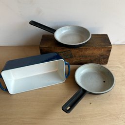 Pair Of Small Vintage LAUFFER Cast Iron Enamel Pans, Plus Loaf Pan (IS)