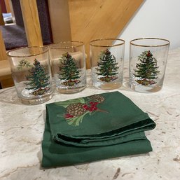 Set Of Four Christmas Tree Glasses And Pottery Barn Towel (Basement)
