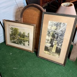 Pair Of Vintage Prints In Wood Frames With Empty Wooden Arch Frame (basement)