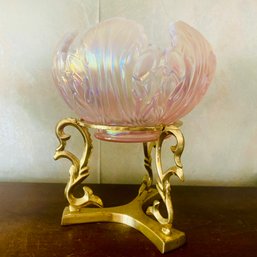 Charming Opalescent Pink Glass Lotus Rose Bowl With Brass Stand (LR)