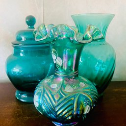 Mixed Lot Of Green Vases & Lidded Bowl - Including 1 Fenton (LR)