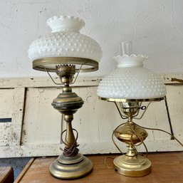Pair Of Vintage Milk Glass Brass Lamps (KG)