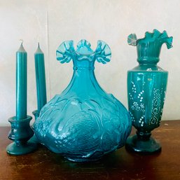 Green Candlesticks & 2 Pretty Glass Fenton Vases (LR)