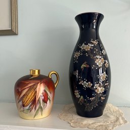 Set Of Two Vintage Decorative Vases, Including Limoges Handpainted Corn Cob Jug And Blue Vase (Lroom 29850))