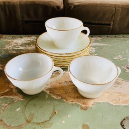 Adorable Vintage Anchor Hocking Gold Rimmed Milk Glass Tea Cups With Saucers (BT Upstairs)