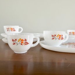 Wow! Vintage Mid Century Milk Glass Snack Plates & Cups, Autumn Leaves, Set Of 4 (Porch)