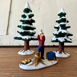 Three Piece LEMAX 1995 Ceramic Christmas Figurines - Two Trees & Lumberjack (RL)