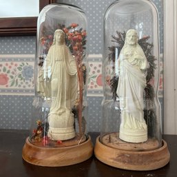 Pair Of Religious Statues In Glass Cloches - One Glass Broken (b3)