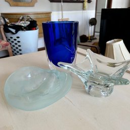 Mixed Lot Of Vintage Decorative Glass Pieces, Cobalt Blue BLOCK Vase, Seaglass Tray, Crystal Dish (Dining Room