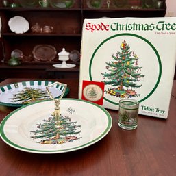 Vintage SPODE Tidbit Tray, Christmas Tree, In Box, With Matching SPODE Aluminum Tray (DR)